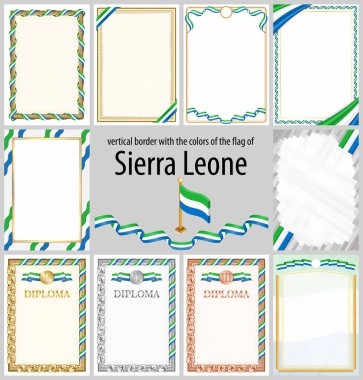 Sierra Leone bayrağı renklerinde dikey çerçeve ve kenarlar sertifikanız ve diplomanız için şablon elemanları. Vektör.