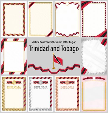 Trinidad ve Tobago bayrağı renklerinde dikey çerçeveler ve sınırlar sertifikanız ve diplomanız için şablon unsurları. Vektör.