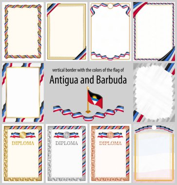 Antigua ve Barbuda bayrağı renklerinde dikey çerçeve ve kenarlar sertifikanız ve diplomanız için şablon unsurları. Vektör.