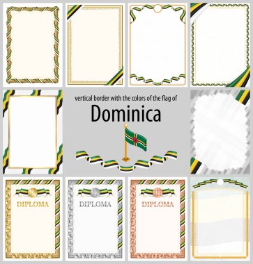 Dominica bayrağı renklerinde dikey çerçeve ve kenarlar sertifikanız ve diplomanız için şablon unsurları. Vektör.