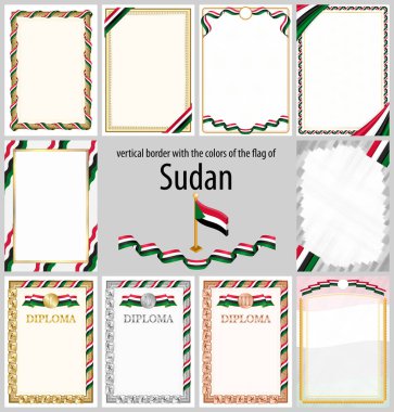 Sudan bayrağı renginde dikey çerçeve ve kenarlar sertifikanız ve diplomanız için şablon elemanları. Vektör.