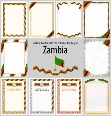 Zambiya bayrağı renginde dikey çerçeve ve kenarlar sertifikanız ve diplomanız için şablon elemanları. Vektör.