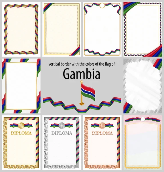 Gambiya bayrağı renklerinde dikey çerçeve ve kenarlar sertifikanız ve diplomanız için şablon elemanları. Vektör.