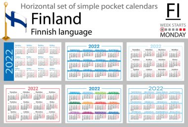 2022 (iki bin yirmi iki) için Fince yatay cep takvimi seti. Hafta pazartesi başlıyor. Yeni yıl. Basit renk tasarımı. Vektör