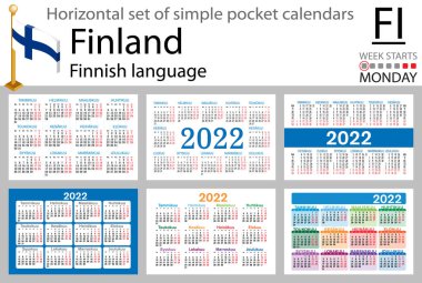 2022 (iki bin yirmi iki) için Fince yatay cep takvimi seti. Hafta pazartesi başlıyor. Yeni yıl. Basit renk tasarımı. Vektör