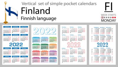 2022 için Fince cep takvimi seti (iki bin yirmi iki). Hafta pazartesi başlıyor. Yeni yıl. Basit renk tasarımı. Vektör