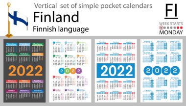 2022 için Fince cep takvimi seti (iki bin yirmi iki). Hafta pazartesi başlıyor. Yeni yıl. Basit renk tasarımı. Vektör