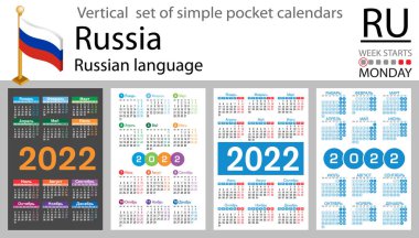 2022 için Rus cep takvimi seti (iki bin yirmi iki). Hafta pazartesi başlıyor. Yeni yıl. Basit renk tasarımı. Vektör