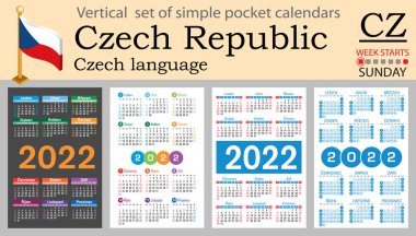 2022 (iki bin yirmi iki) için Çek cep takvimi seti. Hafta pazar günü başlıyor. Yeni yıl. Basit renk tasarımı. Vektör