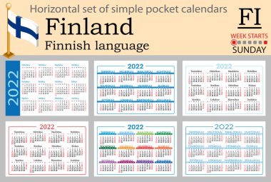 2022 (iki bin yirmi iki) için Fince yatay cep takvimi seti. Hafta pazar günü başlıyor. Yeni yıl. Basit renk tasarımı. Vektör