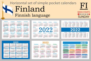 2022 (iki bin yirmi iki) için Fince yatay cep takvimi seti. Hafta pazar günü başlıyor. Yeni yıl. Basit renk tasarımı. Vektör