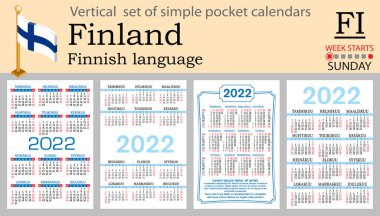 2022 için Fince cep takvimi seti (iki bin yirmi iki). Hafta pazar günü başlıyor. Yeni yıl. Basit renk tasarımı. Vektör