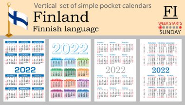 2022 için Fince cep takvimi seti (iki bin yirmi iki). Hafta pazar günü başlıyor. Yeni yıl. Basit renk tasarımı. Vektör