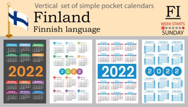 2022 için Fince cep takvimi seti (iki bin yirmi iki). Hafta pazar günü başlıyor. Yeni yıl. Basit renk tasarımı. Vektör