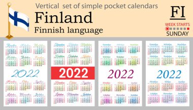 2022 için Fince cep takvimi seti (iki bin yirmi iki). Hafta pazar günü başlıyor. Yeni yıl. Basit renk tasarımı. Vektör