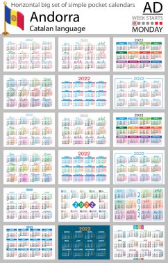 2022 için Katalan yatay büyük cep takvimi seti (iki bin yirmi iki). Hafta pazartesi başlıyor. Yeni yıl. Basit renk tasarımı. Vektör