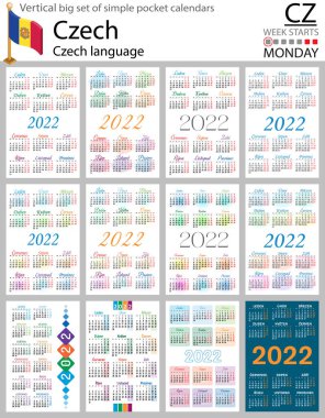 2022 (iki bin yirmi iki) için Çek dikey büyük cep takvimi seti. Hafta pazartesi başlıyor. Yeni yıl. Basit renk tasarımı. Vektör