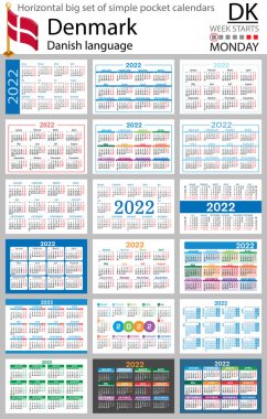 Danimarka 'da 2022 için büyük bir cep takvimi seti (iki bin yirmi iki). Hafta pazartesi başlıyor. Yeni yıl. Basit renk tasarımı. Vektör