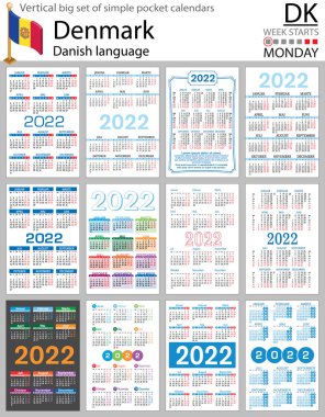 Danimarka 'da 2022 yılı için büyük bir cep takvimi seti (iki bin yirmi iki). Hafta pazartesi başlıyor. Yeni yıl. Basit renk tasarımı. Vektör