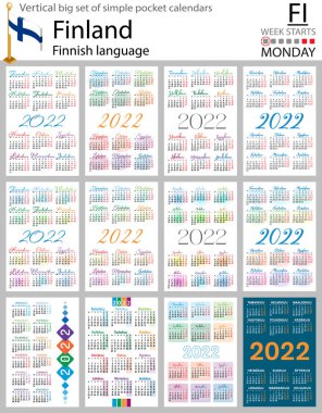 2022 için Fince büyük cep takvimi seti (iki bin yirmi iki). Hafta pazartesi başlıyor. Yeni yıl. Basit renk tasarımı. Vektör