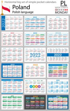 2022 için Polonya yatay büyük cep takvimi seti (iki bin yirmi iki). Hafta pazartesi başlıyor. Yeni yıl. Basit renk tasarımı. Vektör
