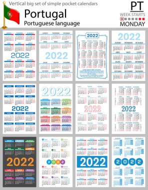 2022 yılı için Portekizce büyük bir cep takvimi seti (iki bin yirmi iki). Hafta pazartesi başlıyor. Yeni yıl. Basit renk tasarımı. Vektör