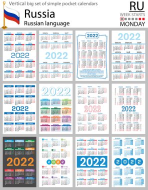2022 için Rus büyük cep takvimi seti (iki bin yirmi iki). Hafta pazartesi başlıyor. Yeni yıl. Basit renk tasarımı. Vektör