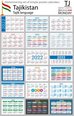2022 için Tacik yatay büyük cep takvimi seti (iki bin yirmi iki). Hafta pazartesi başlıyor. Yeni yıl. Basit renk tasarımı. Vektör