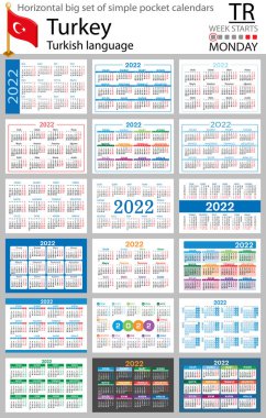 2022 için Türk yatay büyük cep takvimi seti (iki bin yirmi iki). Hafta pazartesi başlıyor. Yeni yıl. Basit renk tasarımı. Vektör
