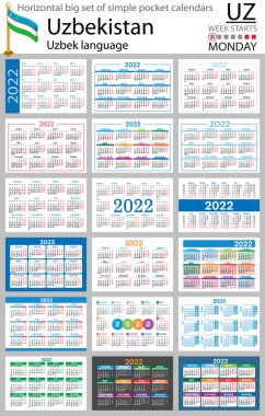 2022 için Özbek yatay büyük cep takvimi seti (iki bin yirmi iki). Hafta pazartesi başlıyor. Yeni yıl. Basit renk tasarımı. Vektör