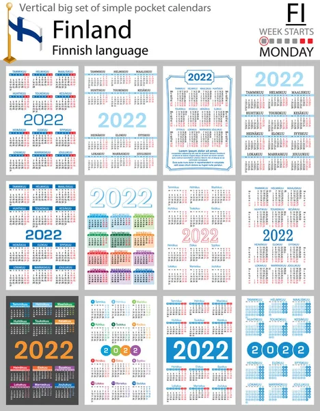 2022 için Fince büyük cep takvimi seti (iki bin yirmi iki). Hafta pazartesi başlıyor. Yeni yıl. Basit renk tasarımı. Vektör