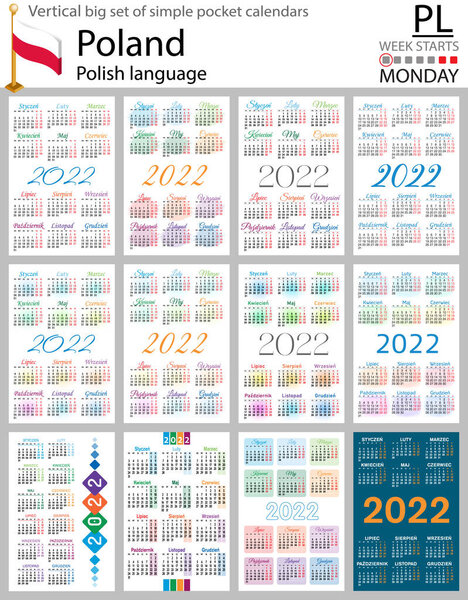 Polish vertical Big set of pocket calendars for 2022 (two thousand twenty two). Week starts Monday. New year. Color simple design. Vector