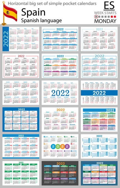 2022 için İspanyol yatay büyük cep takvimi seti (iki bin yirmi iki). Hafta pazartesi başlıyor. Yeni yıl. Basit renk tasarımı. Vektör