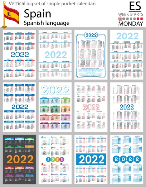 スペインの垂直2022年のポケットカレンダーのビッグセット 2千22 週は月曜日から 新年だ シンプルなデザイン ベクトル — ストックベクタ