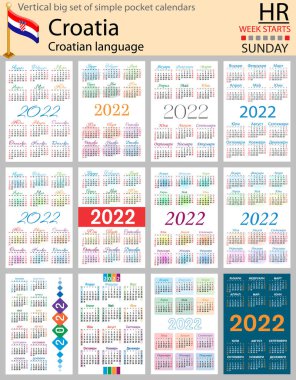 Hırvatistan 'ın 2022 yılı için büyük cep takvimleri (iki bin yirmi iki). Hafta pazar günü başlıyor. Yeni yıl. Basit renk tasarımı. Vektör