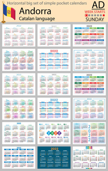 Catalan horizontal Big set of pocket calendars for 2022 (two thousand twenty two). Week starts Sunday. New year. Color simple design. Vector