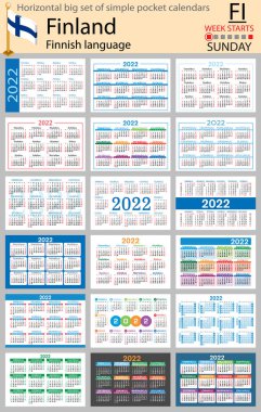 2022 için Fince yatay büyük cep takvimi seti (iki bin yirmi iki). Hafta pazar günü başlıyor. Yeni yıl. Basit renk tasarımı. Vektör