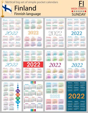 2022 için Fince büyük cep takvimi seti (iki bin yirmi iki). Hafta pazar günü başlıyor. Yeni yıl. Basit renk tasarımı. Vektör