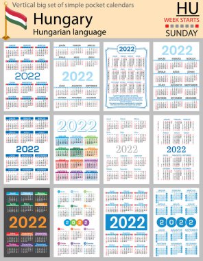 2022 için Macar büyük cep takvimi seti (iki bin yirmi iki). Hafta pazar günü başlıyor. Yeni yıl. Basit renk tasarımı. Vektör