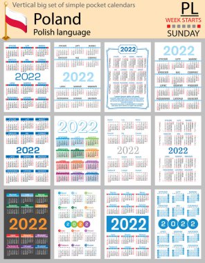 2022 için Lehçe büyük cep takvimi seti (iki bin yirmi iki). Hafta pazar günü başlıyor. Yeni yıl. Basit renk tasarımı. Vektör