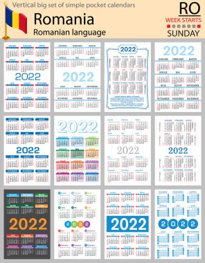 2022 yılı için Rumen büyük cep takvimi seti (iki bin yirmi iki). Hafta pazar günü başlıyor. Yeni yıl. Basit renk tasarımı. Vektör
