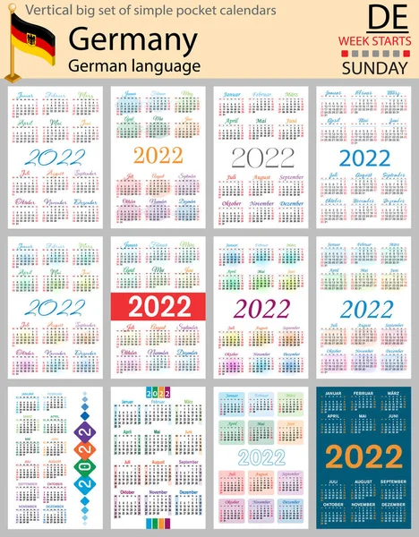 Duitse Verticale Grote Set Zakkalenders Voor 2022 Tweeduizend Tweeëntwintig Week — Stockvector