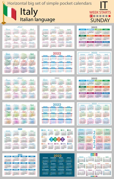 イタリアの水平2022年のポケットカレンダーのビッグセット 2千22 週は日曜日から始まる 新年だ シンプルなデザイン ベクトル — ストックベクタ