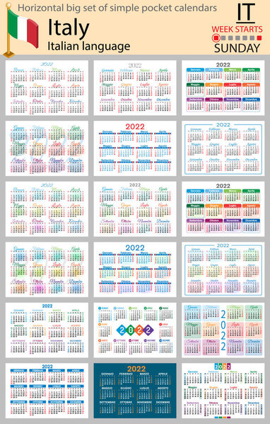 Italian horizontal Big set of pocket calendars for 2022 (two thousand twenty two). Week starts Sunday. New year. Color simple design. Vector