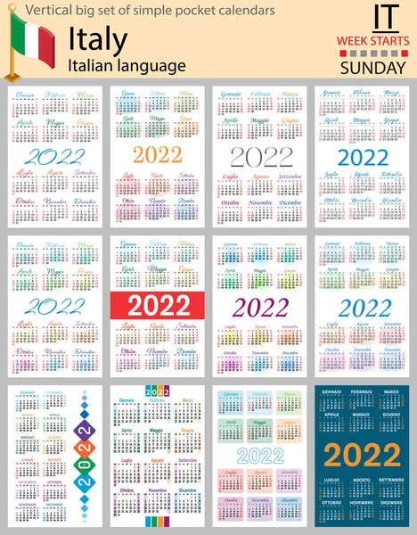 イタリアの垂直2022年のポケットカレンダーのビッグセット 2千22 週は日曜日から始まる 新年だ シンプルなデザイン ベクトル — ストックベクタ