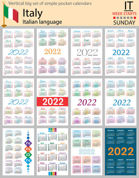 Italian vertical Big set of pocket calendars for 2022 (two thousand twenty two). Week starts Sunday. New year. Color simple design. Vector