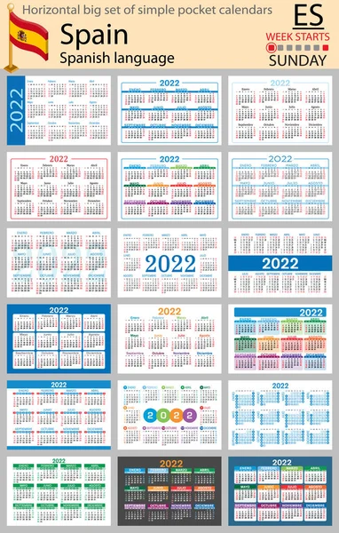 スペインの水平2022年のポケットカレンダーのビッグセット 2千22 週は日曜日から始まる 新年だ シンプルなデザイン ベクトル — ストックベクタ