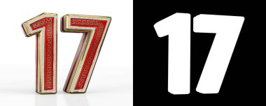 17 numara (17 numara) beyaz zemin üzerinde kırmızı şeffaf şeritli, alfa kanallı. 3B illüstrasyon