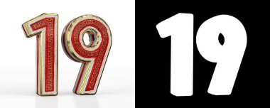 Beyaz zemin üzerinde kırmızı şeffaf şeritli on dokuz numara (19 numara), alfa kanallı. 3B illüstrasyon