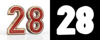 Beyaz zemin üzerinde kırmızı şeffaf şeritli, alfa kanallı 28 numara. 3B illüstrasyon